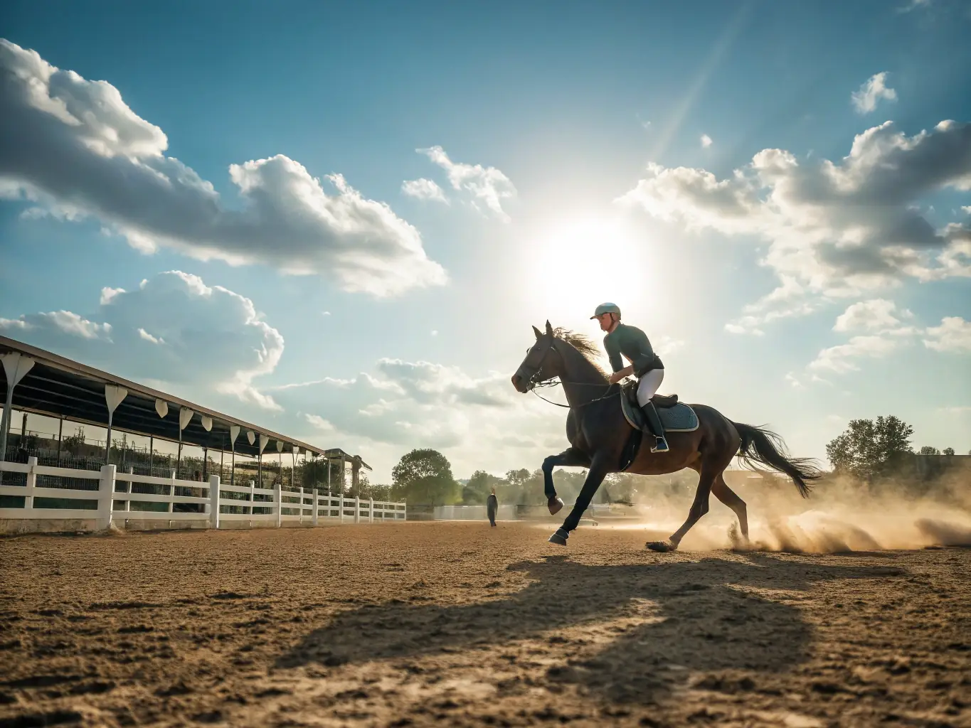A vibrant scene from an official equestrian competition organized by TEV, featuring riders and horses in action, with spectators cheering them on.