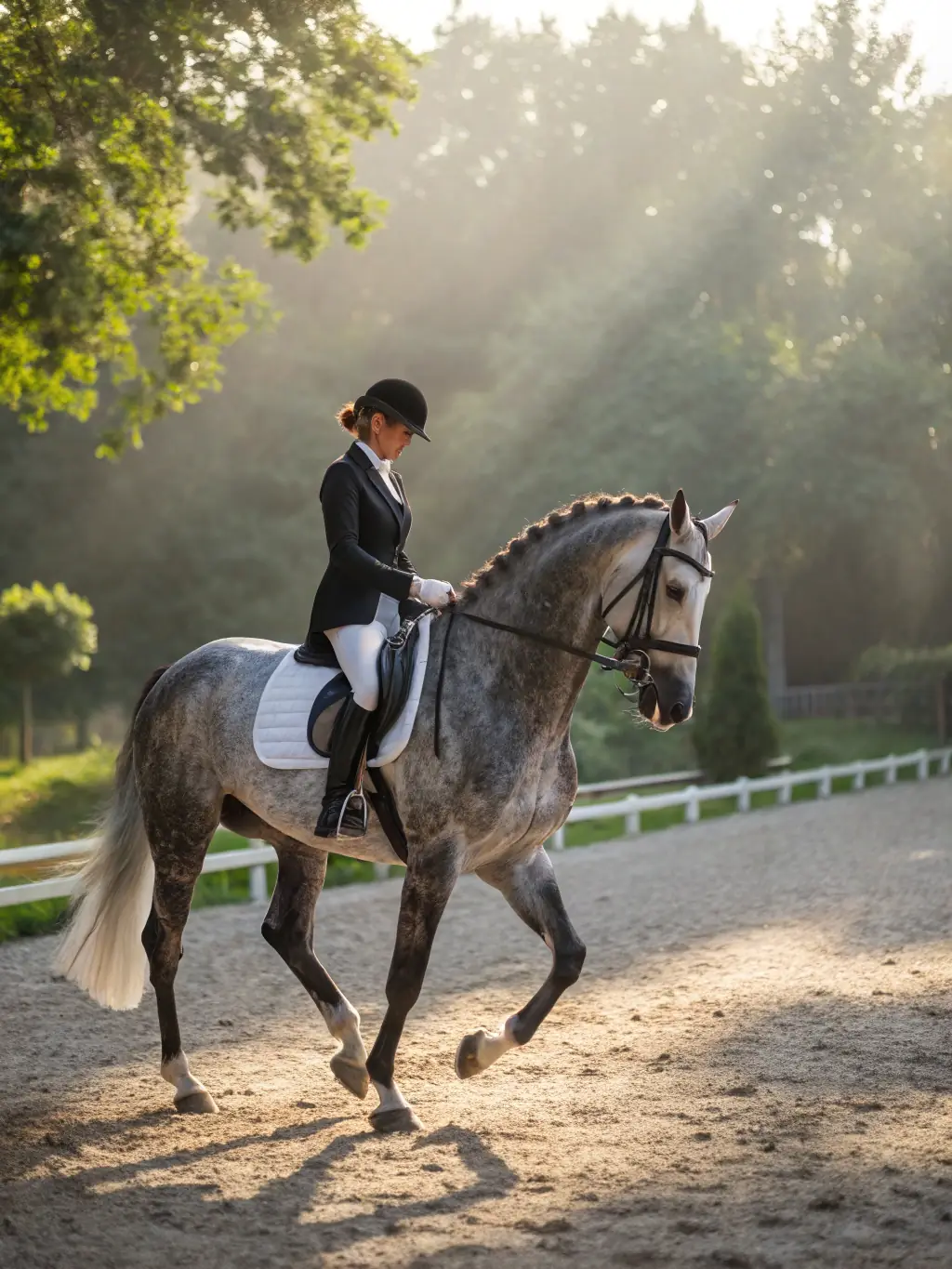 A group of experienced riders practicing dressage movements in a well-maintained arena, showcasing the advanced training programs at TEV TEAM EQUESTRE.