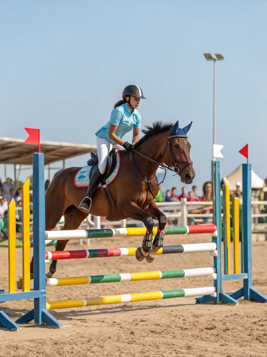 Riders competing in a show jumping event at TEV TEAM EQUESTRE, demonstrating their skills and teamwork with their horses.