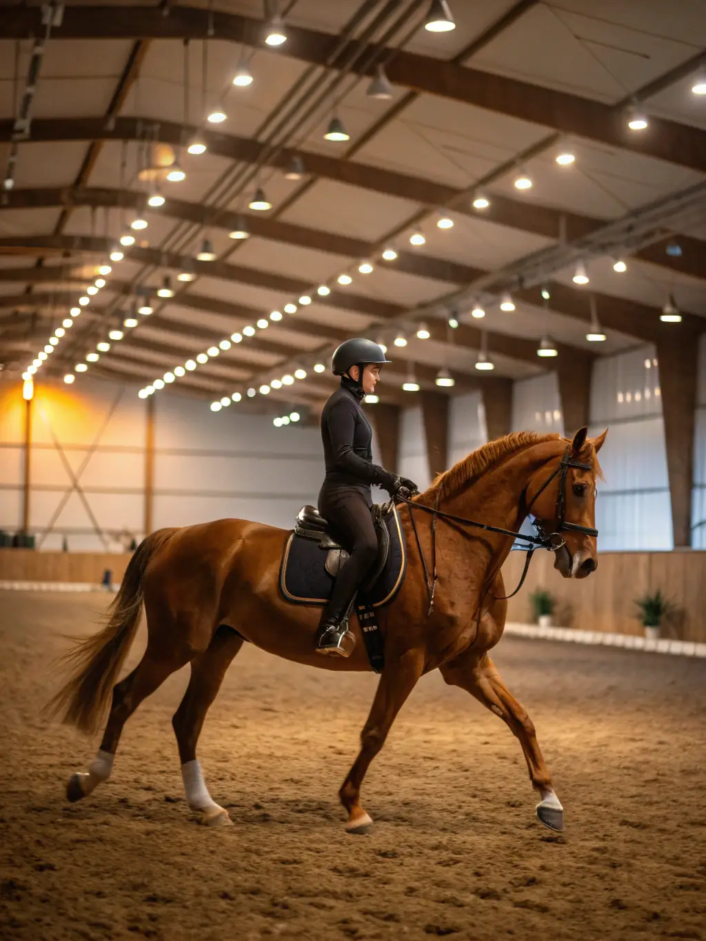 A young rider participating in a beginner's training session, learning basic horsemanship skills in a safe and controlled environment at TEV TEAM EQUESTRE.