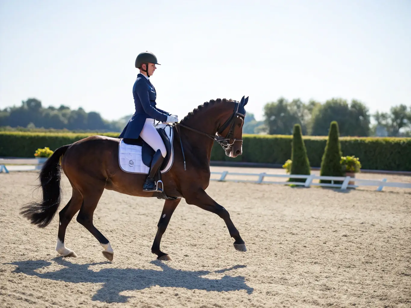 A group of riders participating in a dressage lesson at TEV, focusing on the harmony and precision between horse and rider.