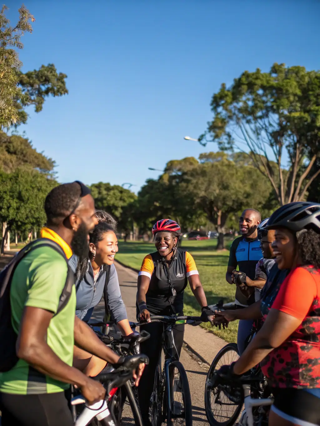 A picture of a group of riders laughing and interacting during a break at TEV, emphasizing the camp's friendly and supportive community.